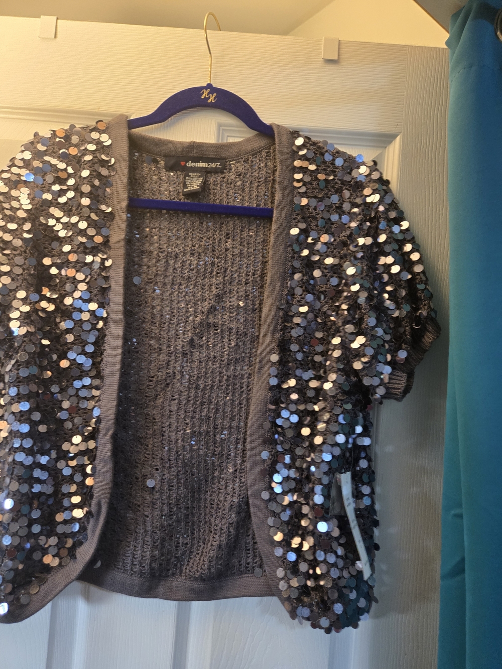 NWT Denim 24/7 Gunmetal  Gray Sequin Short-Sleeve Cardigan